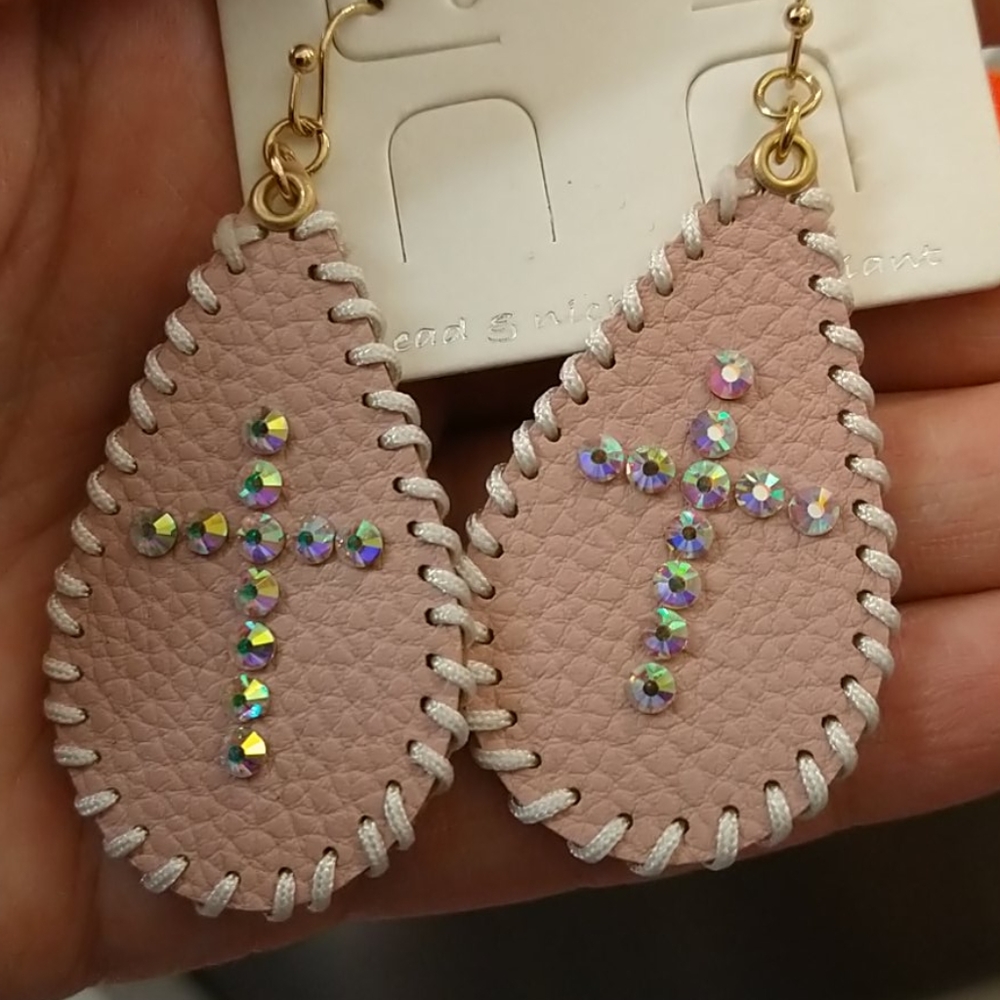 Pink bling Swarovski cross pink leather earrings